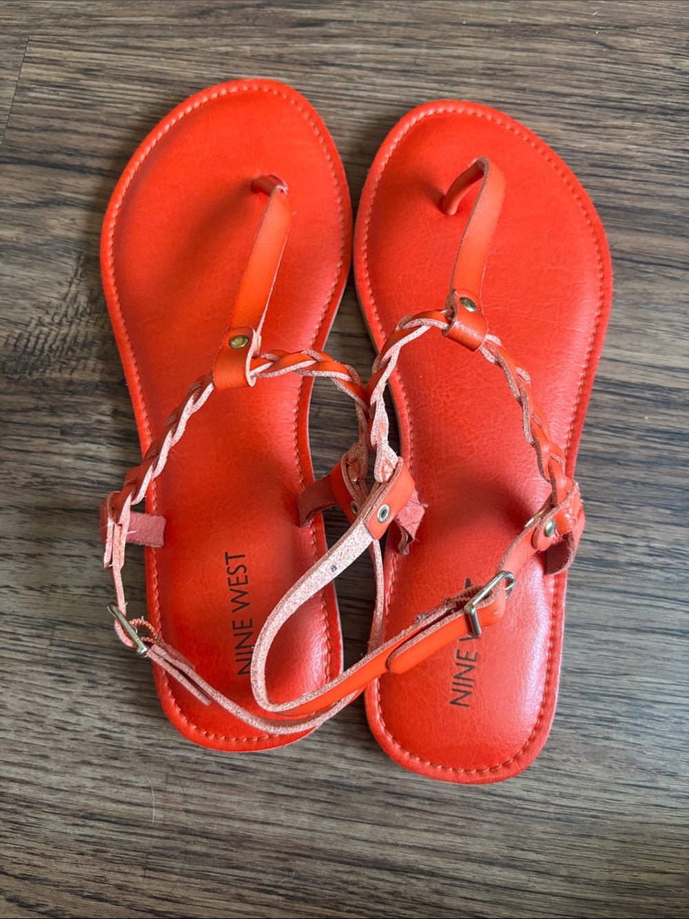 NINE WEST Orange Braided T-Strap Thong Sandals Flat Size 8M Coral - Picture 2 of 5